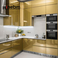 Ensemble d'armoires de cuisine Minebm de luxe sur mesure avec finition laquée en bois bleu brillant, plan de travail en quartz artificiel, armoire de cuisine blanche