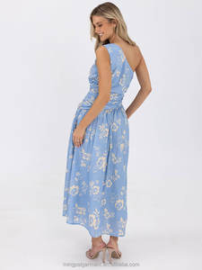 Gaun Wanita Tanpa Lengan Seksi dengan Kerah Slash, Gaun Ruffle Midi Tenun, Gaun Kasual Manis Bermotif Bunga dengan Cetak Digital, Gaun A-Line untuk Wanita Muda - Product Image 3