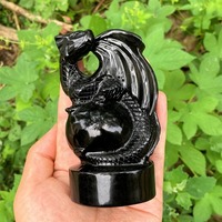 Statue de Dragon volant en cristal obsidienne noire avec pierres précieuses naturelles de 4 pouces