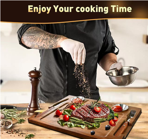 Ensemble de planches à steak en bois d'acacia, plateau de service carré en bois avec fentes pour couteau et fourchette, rainure pour jus, pour steak et barbecue, vente en gros, personnalisable - Product Image 4