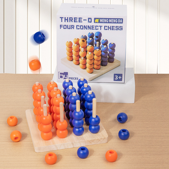 Fun Classic Logical Brain Teaser Toys Portable 3D Connect Four in a Row Wooden Strategy Game