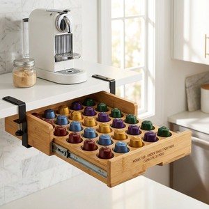Tiroir à dosettes de café en bambou à fixer sous l'étagère, sans perçage, avec pince en C, organisateur coulissant gain de place pour 30 dosettes <span class=keywords><strong>Nespresso</strong></span> - Product Image 2