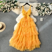 Robe de soirée senior irrégulière maille sangle douce sans manches mode grande balançoire maille robe de gâteau d'anniversaire