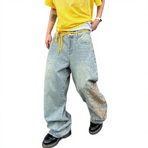 <b>Men</b> Wide Leg <b>Jeans</b> Blue Denim Stonewashed Loose Fit Embroidery Streetwear Pants <b>Men</b> s Baggy <b>Jeans</b> Loose Fit Casual Denim Pants - Product Image 1