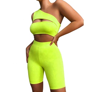 Neon Sexy exposed breasted Top short Yoga 2 Pieces short ropa mujeres de fitness set - Product Image 5