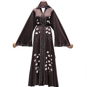 Elegant Brown Solid Lightweight Handmade Sequined <b>Abaya</b> V Neck Long Sleeve Floor Length Modest Islamic Daily <b>Dress</b> Women Middle - Product Image 2