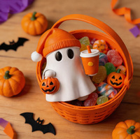 Ornement fantôme d'Halloween en résine avec seau à citrouille et tasse à café, figurine fantôme mignonne pour la décoration de table à la maison, fête, cadeau de vacances