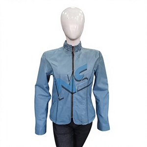 Women's Blue Real Leather Motorcycle <b>Jacket</b> Full Sleeve Stand Collar Zipper Closure Windproof PU Coated Solid Color 220g - Product Image 1