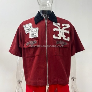 เสื้อเชิ้ตทำงานผ้าแคนวาสแบบมีซิป แขนสั้น สไตล์สตรีทแวร์ลำลอง ปักโลโก้ป้ายแบรนด์ส่วนตัว สำหรับผู้ชาย - Product Image 1