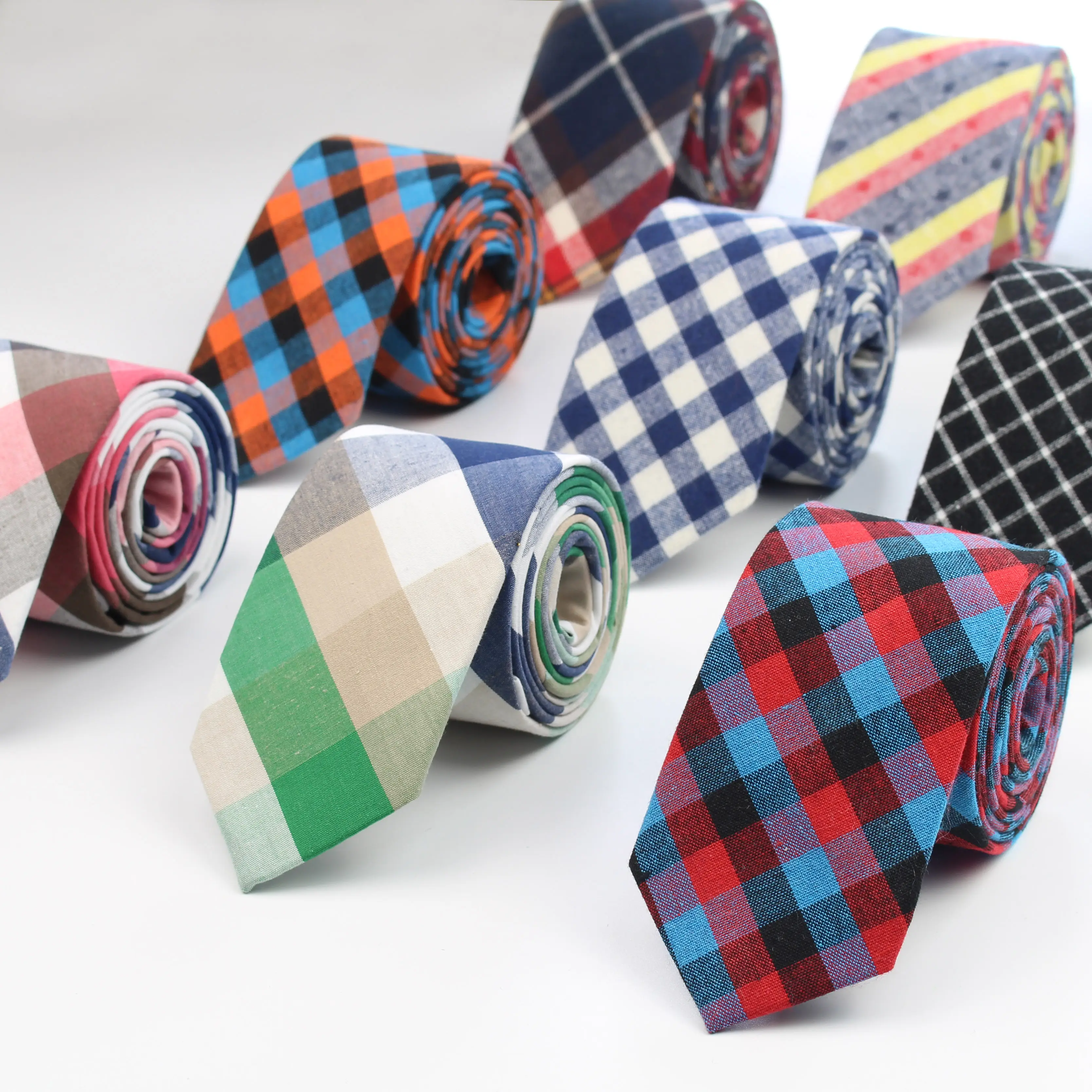 Gravata xadrez clássica masculina, gravata de pescoço, estilo tartan casual, com nó, algodão, magro, colorida