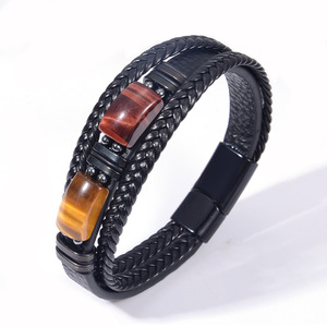 สร้อยข้อมือไทเกอร์อายสำหรับผู้ชาย หนังหลายชั้น หินธรรมชาติ ตัวล็อคแม่เหล็ก ของขวัญ เครื่องประดับ 7.5 8.5 9 นิ้ว - Product Image 4