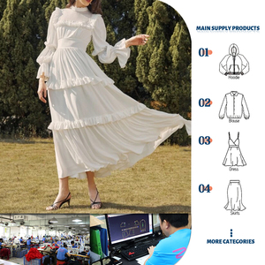 Abiti Lunghi Casual da Donna con Colletto Rialzato, Volant Decorativo sul Petto, <span class=keywords><strong>Maniche</strong></span> Elastiche a Campana, Tinta Unita e Vita Stretta - Product Image 1