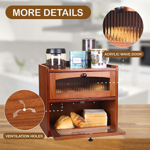 Boîte à pain en bambou, armoire de rangement de cuisine avec porte en verre pour le stockage du pain et des gâteaux, design en bois à 2 niveaux MBX-16 - Product Image 2