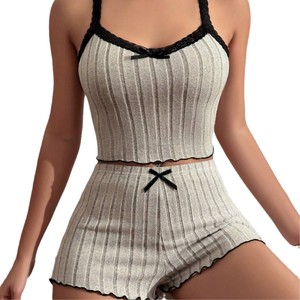 New cross-border European and American style stretchy pajamas for women, imitation cotton fleece ribbed loungewear, <b>suspender</b> - Product Image 5