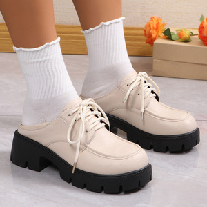 Spring Thick Sole Thick Heel Two-wear Half-drag for Women Casual Outwear Round Toe British Style Platform Shoes Flats - Product Image 4