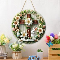 Panneau de porte de Pâques rond en bois du Vietnam | Plaque suspendue bénédictions de Pâques avec fleurs croisées et lapin