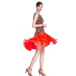 LP-1806 vestido de práctica de baile latino con borlas de tela elástica con estampado de leopardo, falda estándar nacional para práctica de corrida de toros para adultos y mujeres - Product Image 5