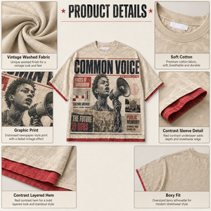 T-shirt da uomo vintage con stampa giornale, effetto distressed, con bordo a contrasto, streetwear, personalizzabile con logo, all'ingrosso, 240 grammi, lavorato a maglia, oversize - Product Image 3
