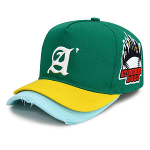 Casquettes de baseball 5 panneaux personnalisées en sergé vieilli à double visière, broderie 3D en relief, visière double couche incurvée, fermeture snapback sport 100% - Product Image 3