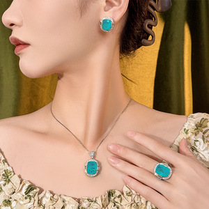 Geometric 12*16-10*12 Cubic Zirconia Pendant <b>Earrings</b> Necklace Set Imitation Blue Paraiba Vintage Gold Wedding Fashion - Product Image 2