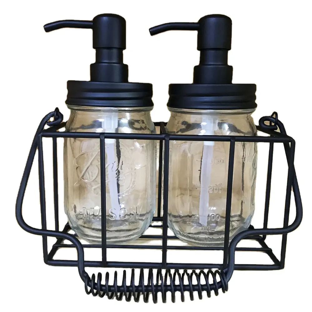 Deluxe new design glass Mason jar set with black metal shower shelf suitable for kitchen sink or bathroom