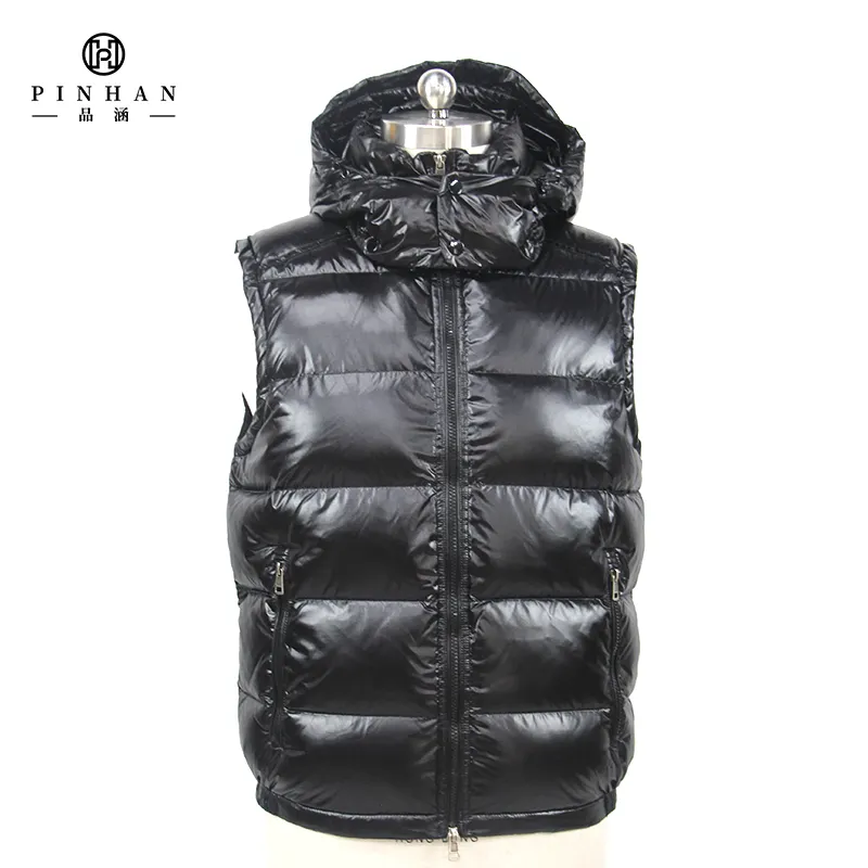 2023 wholesales hot sales factory down jacket for men black hooded vest shine goose down jacket