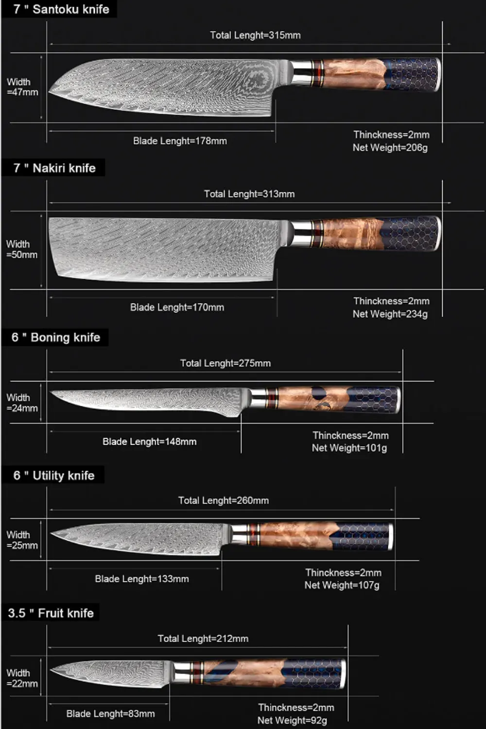 Vendita calda manico forgiato giapponese in acciaio di damasco Chef Santoku carving Utility knife set di coltelli da cucina