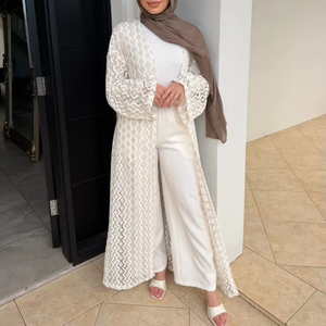 Crochet Lace Abaya Kimono <b>Cardigan</b> Long Sleeve Mesh Cover Up Modest Muslim Maxi Kaftan for Prayer Wedding - Product Image 1
