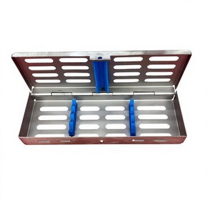 Cassette de stérilisation pour 4 instruments, système de verrouillage par bouton, acier inoxydable, sans rouille, raccords en silicone, bleu, rouge, vert, gris - Product Image 1