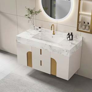 แผงประตูขึ้นรูปสีขาวดีไซน์ทันสมัยตู้โต๊ะเครื่องแป้งในห้องน้ำพร้อมอ่างล้างหน้าและกระจก - Product Image 4