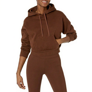 Plus Size Women's <b>Brown</b> Cropped Hoodie Solid Color <b>Long</b> <b>Sleeve</b> Knitted Casual Autumn <b>Top</b> - Product Image 1