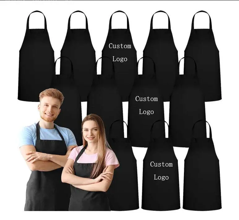 Wholesale Custom High Quality Plain Black Polyester Waterproof Kitchen Chef Cafe BBQ Cooking Cleaning Work Bib Aprons