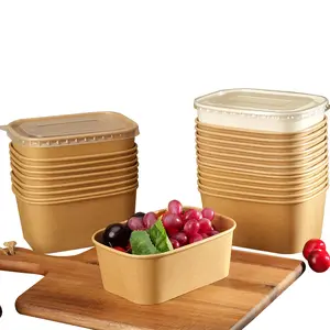 Factory Custom Take Away Lunch Food Container Brown Kraft Paper Salad Disposable Rectangle Square Bowl With Lid