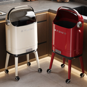 [Brand] Kitchen Trash Can Cylindrical With Wheels Push To Open Lid Indoor Use Creamy White Vintage Red - Product Image 1
