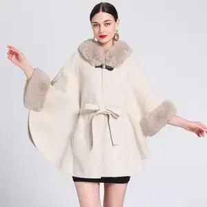 3色冬の暖かいフェイクウールポンチョベルトケープ女性ウサギの毛皮大きなバットウィングスリーブルーズロングマントコート帽子付き