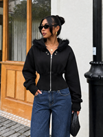 Sweat-shirt à capuche pour femme, style rétro Y2K, col en fourrure, patchwork, avec poche, fausse fourrure, noir