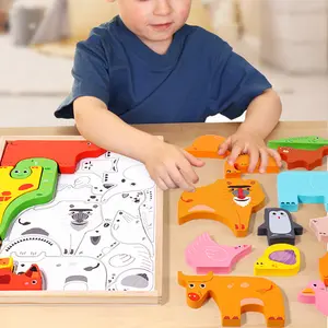 Montessori dessin animé Animal dinosaure 3D en bois apprentissage Puzzle bloc conseil pour enfants fruits trafic jouets garçons et filles