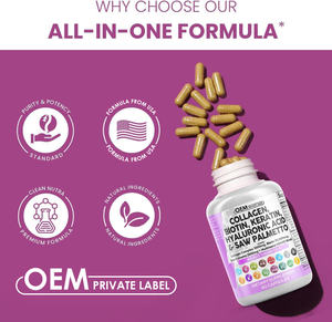 Cápsula de colágeno OEM Biotina y queratina Ácido hialurónico Saw Palmetto Cápsulas hialurónicas Suplemento Píldoras de colágeno marino - Product Image 5