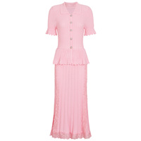 Robes longues en tricot à manches courtes avec boutons perlés, couleur unie, plissées, dentelle, élégantes, ajustées, vêtements pour femmes