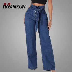 Groothandel Plus Size Vrouwen Broek Verstelbare Riem Hoge Taille Jeans Vrouwen Single Breasted Palazzo Broek Denim Jeans Produceert