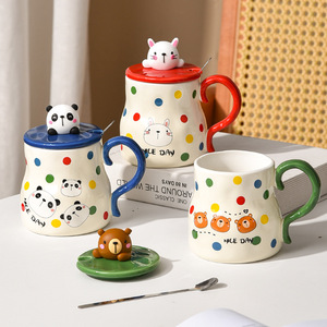 Large Capacity Water Cup Cartoon Animal Ceramic Mug Novelty Polka Dots Coffee Mugs with Lid Spoon - Product Image 2