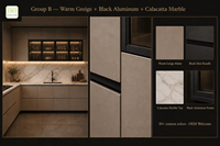 Cuisine complète sur mesure, armoires gris beige sans poignées, aluminium noir, LED, fermeture douce, plan de travail en marbre, ISPM-15, export, usine OEM