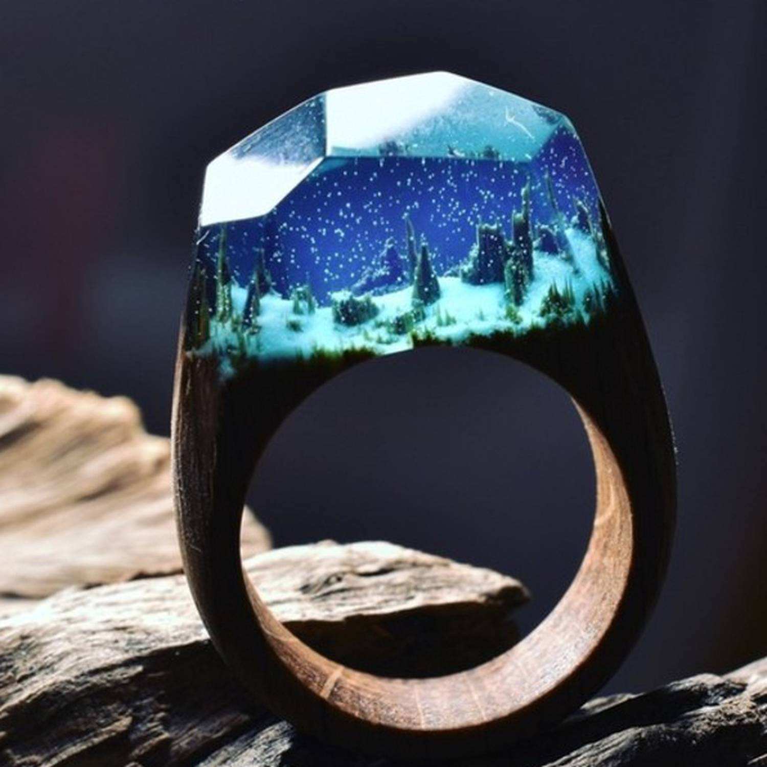 Magic Forest Wooden Ring Handmade Undersea Resin Jewelry