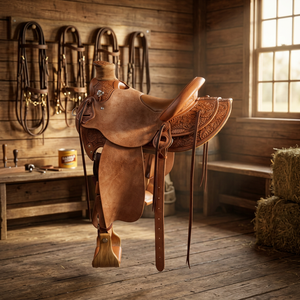 Silla de montar de cuero puro BS International con estructura de madera, cuero genuino, sostenible y cómoda, para equitación inglesa, con brida para caballo. - Product Image 1