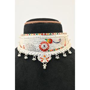 Ethnic <b>Silver</b> Plaster Chokar Set Necklace With Colorful Enamel Flower Design Women's Wedding Style Beaded Jewelry - Product Image 2