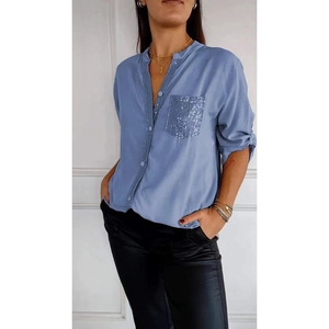 Round Neck Sequin <b>Patchwork</b> Three Quarter Sleeve Women's Solid Color <b>Shirt</b> Blouse Top Fashion - Product Image 5