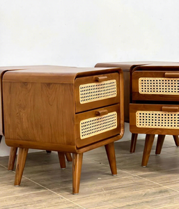 Table de chevet en bois massif avec façades de tiroirs en rotin, 2 tiroirs, meubles de chambre à coucher de style moderne du milieu du siècle - Product Image 2