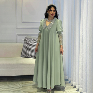 Abito Abaya con Colletto <span class=keywords><strong>Peter</strong></span> Pan in Paillettes, Maniche a Sbuffo, Vestito Lungo da Sera Musulmano - Product Image 1