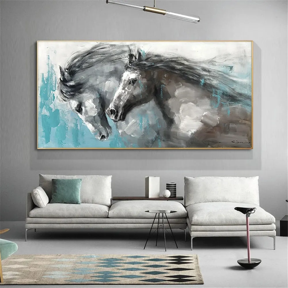 Lukisan minyak buatan tangan kanvas berjalan Dinding kuda hewan Vintage lukisan akrilik abstrak