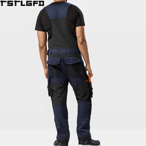 Salopette utilitaire coupe ajustée olive et noir avec bretelles réglables, poches à outils et empiècements aux genoux – Vêtements de travail personnalisés, vente en gros, direct usine - Product Image 3